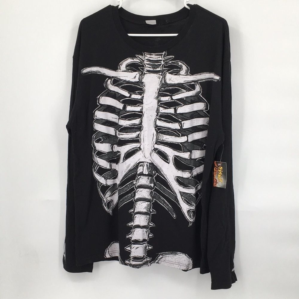 Spirit Halloween Black Long Sleeve Tee with White Skeleton Print XL